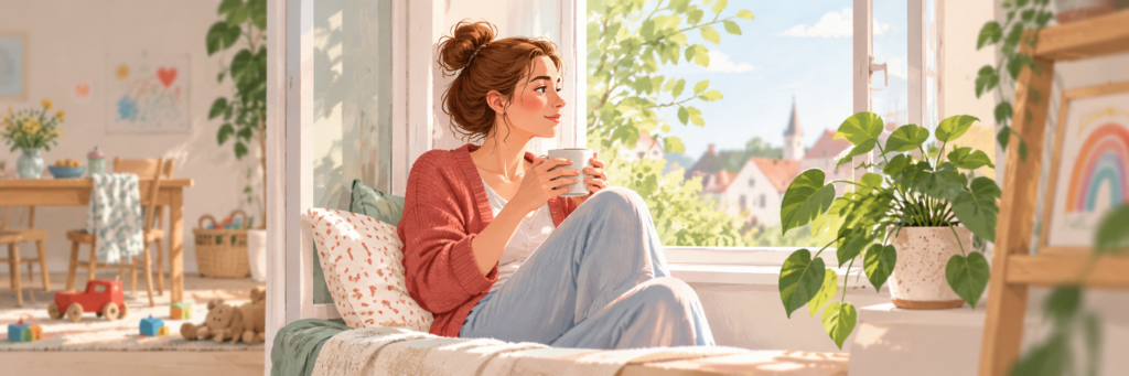 Mutter genießt mit einer Tasse Tee eine kurze Auszeit am Fenster, während im Hintergrund Kinderspielzeug liegt.