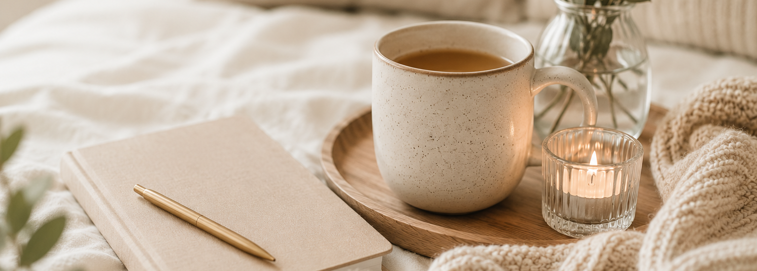 Tasse Tee und brennende Kerze als kleine Auszeit für Eltern