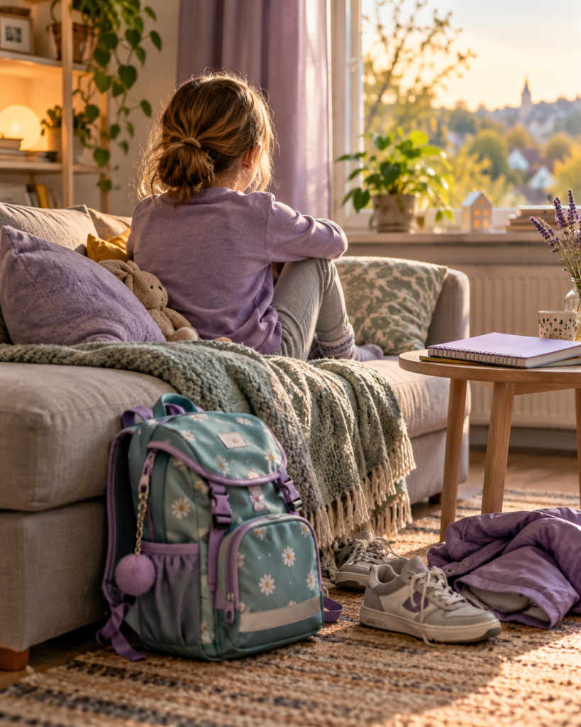 Ein Kind sitzt nach der Schule auf dem Sofa und schaut aus dem Fenster. Schulranzen und Schuhe stehen davor, ein geschlossenes Heft liegt auf dem Tisch.