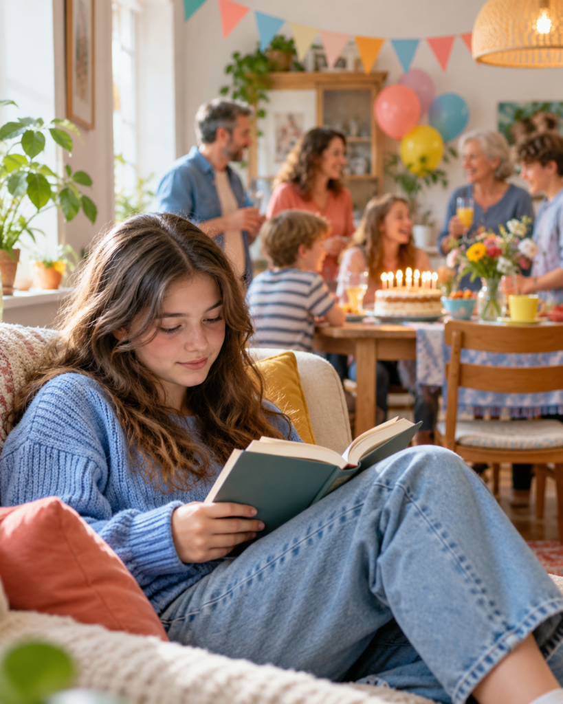 Mädchen liest auf dem Sofa ein Buch, während im Hintergrund eine Familienfeier stattfindet.
