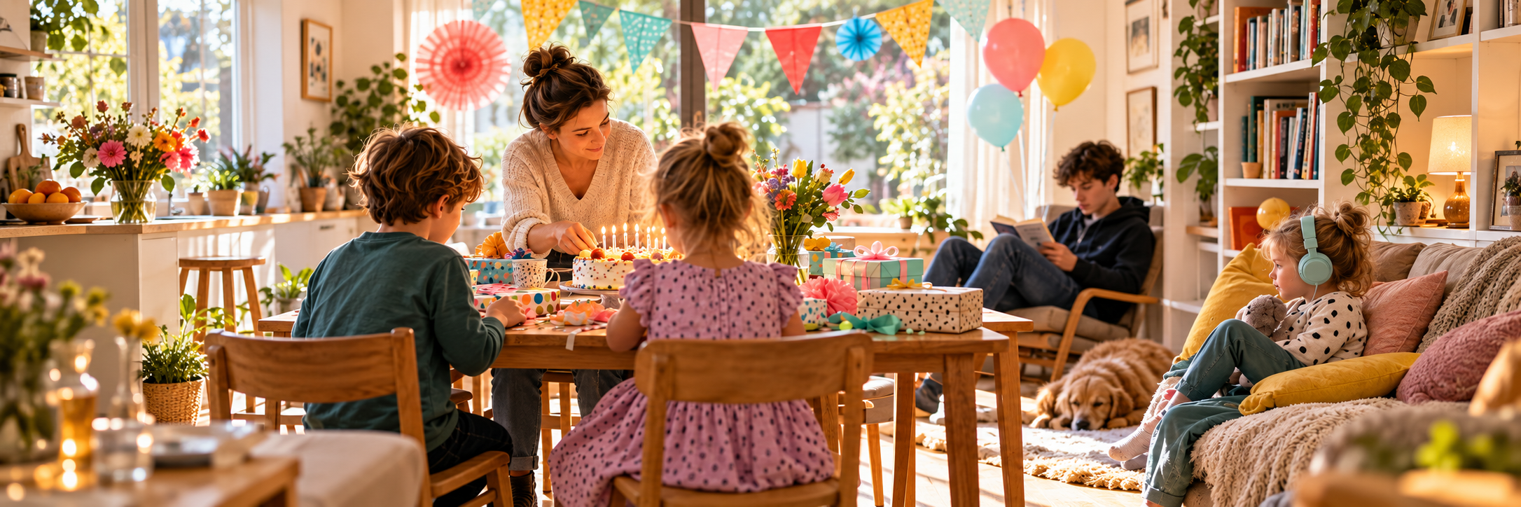 Familie feiert Kindergeburtstag am gedeckten Tisch; ein Kind liest abseits und ein jüngeres trägt Kopfhörer.