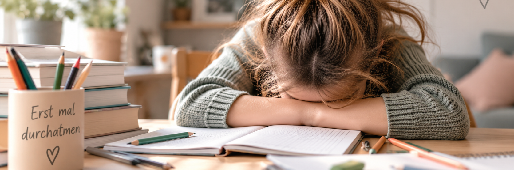 Kind sitzt erschöpft bei den Hausaufgaben am Schreibtisch