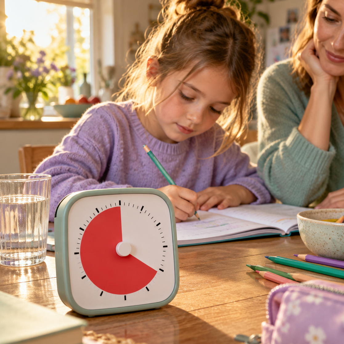 Ein Kind schreibt in sein Heft; ein optischer Timer mit roter Zeitanzeige steht gut sichtbar auf dem Tisch.