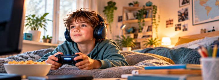 Kind mit Kopfhörern und Spielecontroller bei der Bildschirmzeit – ADHS und Bildschirmzeit im Familienalltag