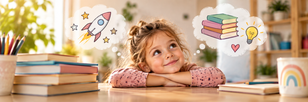 Nachdenkliches Kind mit Büchern und Gedankenblasen – Entwicklungsvorsprung und Hochbegabung bei Kindern unterscheiden