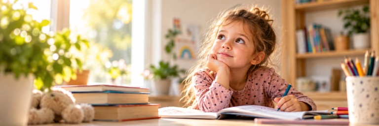 Nachdenkliches Kind am Schreibtisch mit Büchern – Hochbegabung bei Kindern erkennen und verstehen