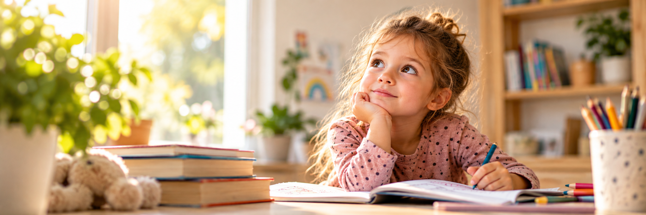 Nachdenkliches Kind am Schreibtisch mit Büchern – Hochbegabung bei Kindern erkennen und verstehen
