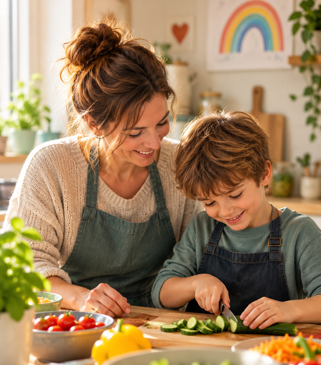 Elternteil und Kind kochen gemeinsam als Übergang nach der Bildschirmzeit bei ADHS